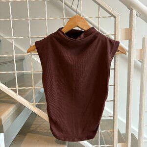 Quince Stretch Cotton Jersey Sleeveless Mock High Neck Blouse Brown XS